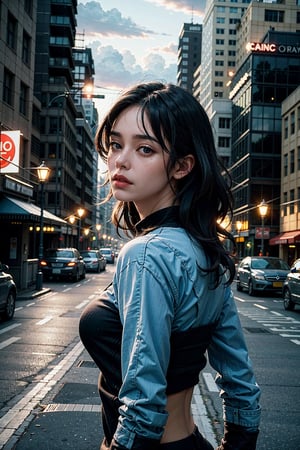 (masterpiece), (cinematic, city lights:1.2), city, overcast, 1girl, black hair, medium hair, wavy hair,Extremely Realistic,nightwing