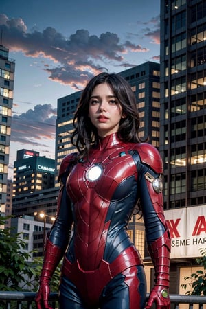 (masterpiece), (cinematic, city lights:1.2), city, overcast, 1girl, black hair, medium hair, wavy hair,Extremely Realistic,Mecha suit,Iron man suit,Mecha suit,spider-man costume, nomask