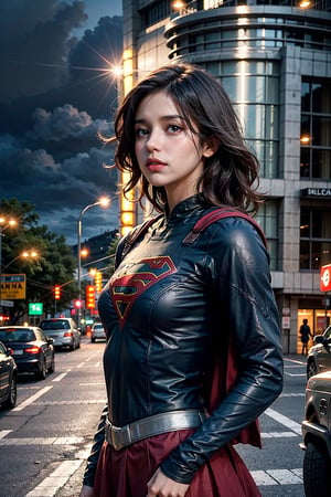 (masterpiece), (cinematic, city lights:1.2), city, overcast, 1girl, black hair, medium hair, wavy hair,Extremely Realistic, Captain America custom,supergirl