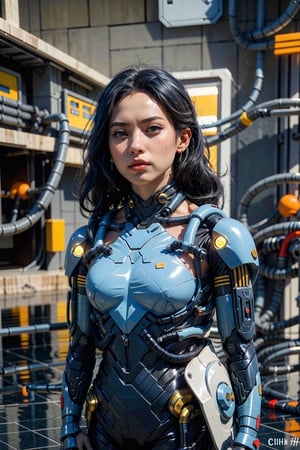 (masterpiece), (cinematic, city lights:1.2), city, overcast, 1girl, black hair, medium hair, wavy hair,Extremely Realistic,Mecha body,Blue_Beetle,