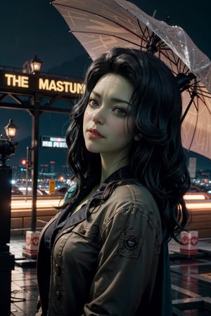 (masterpiece), (cinematic, city lights:1.2), city, overcast, rain, 1girl, black hair, medium hair, wavy hair, umbrella,blkwidow,Extremely Realistic,shehulk