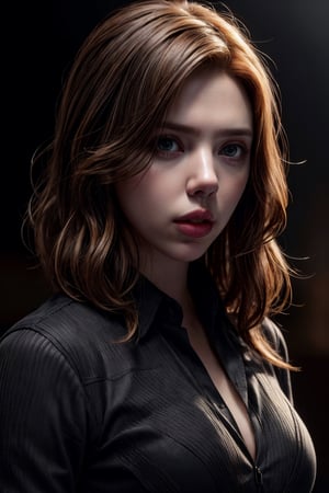 photorealistic, masterpiece, best quality, raw photo, 1girl, medium breasts, long hair, brown hair, collared shirt, looking at viewer, dynamic lighting, in the dark, deep shadow, low key, intricate detail, detailed skin, pore, highres, hdr,scarlett johansson,blkwidow
