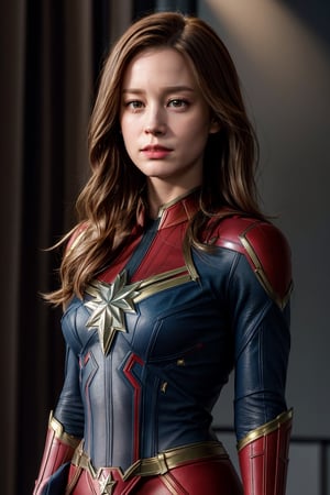 photorealistic, masterpiece, best quality, raw photo, 1girl, medium breasts, long hair, brown hair, collared shirt, looking at viewer, dynamic lighting, in the dark, deep shadow, low key, intricate detail, detailed skin, pore, highres, hdr, supergirl ,Brie Larson
(American actress), Captain Marvel,Realism,