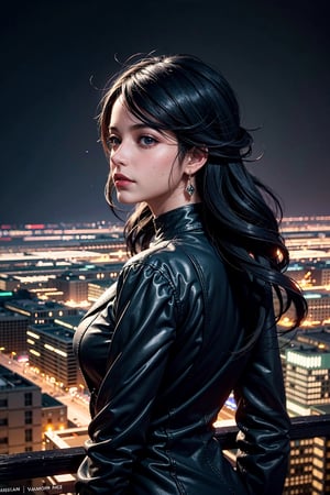 (masterpiece), (cinematic, city lights:1.2), city, overcast, 1girl, Black hair, medium hair, wavy hair,Extremely Realistic,Fantasy