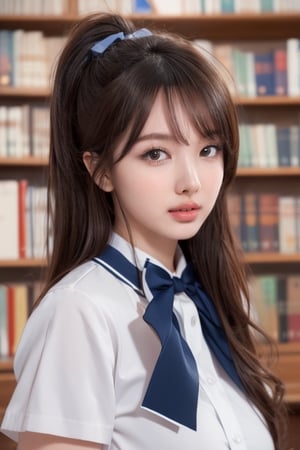 (masterpiece, top quality, best quality),  ((1girl)), (extremely detailed face), (((dark brown hair))), large breasts, slender, ((looking straight)), (((symmetrical pose:1.3))), (ultra-detailed eyes and pupils),( library background:1.5), (long high ponytail) , (hair ribbons in blue), , , (((white serafuku, navy blue sailor collar, white shirt, red bowtie))), sole_female,nayeonlorashy,school uniform
