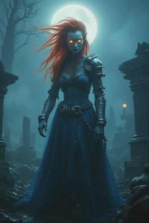 A badass, ghost rider chick with a fiery red mane and glowing eyes sits on a white backdrop, surrounded by a cosmic blue and black backdrop. She's rocking a tight, shiny blue bodysuit and silver shoulder pads, with a chain hanging from her waist. Her fiery red hair and glowing eyes stand out against the dark cosmic backdrop. emerging from a crypt in a misty graveyard, bathed in eerie moonlight, with its long cloak billowing in the night air and the full moon casting deep shadows over the tombstones.