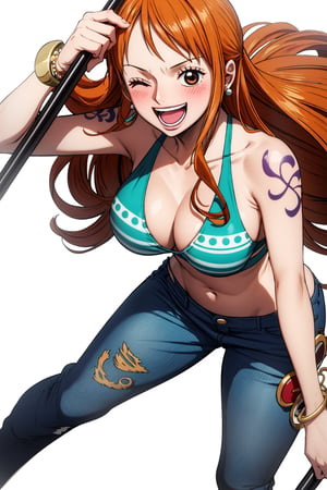 masterpiece, best quality,  ,1girl, nami (one piece), breasts, swimsuit, bikini, solo, orange hair, one eye closed, large breasts, navel, long hair, pants, looking at viewer, jewelry, smile, open mouth, tattoo, jeans, eyewear on head, earrings, white background, green bikini, simple background, denim, holding, sunglasses, bangs, bracelet, staff, blush, cleavage, collarbone, blue pants, bare shoulders, holding staff, ;d, polearm, upper teeth only, stomach,nami \(one piece\),One piece style