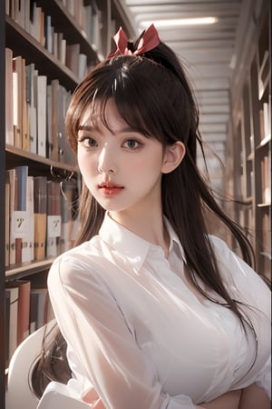 (masterpiece, top quality, best quality),  ((1girl)), (extremely detailed face), (((dark brown hair))), large breasts, slender, ((looking straight)), (((symmetrical pose:1.3))), (ultra-detailed eyes and pupils),( library background:1.5), (long high ponytail) , (hair ribbons in red), sole_female,nayeonlorashy,school uniform,ARTSTYLE_AromaSensei_ownwaifu,km1,komi_sch