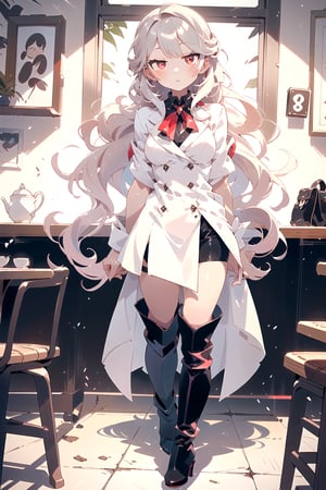 acrylic color,low-tied long hair,anime illustration, best shadows,ol,wearing a Suit (deep red, black, and white), black  , black thigh boots, 1girl, expressionless,high heel boots, longhair,
, black stockings, and red high heels, shying at the camera in a cafe,