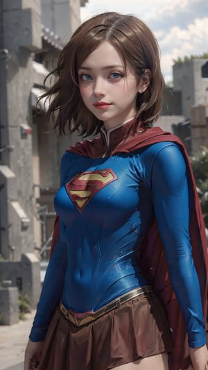 27 years hold, full body,One super female,in superman outfit, full body,red mini skirt,pale_brown_eyes, glowing eyes, ((Brown hair, short hair)), supergirl suit,red miniskirt,Smiling sensually masterpiece, best quality, ultra detailed, (detailed background), perfect shading, high contrast, best illumination, extremely detailed, ray tracing, realistic lighting effects, neon noir illustration, perfect generated hands, ((upper-body_portrait)),  eyeliner, eye shadow:1.3, pale skin:1.4, cape, red cape & long. Background metropolis city, lightning in the distance,wearing supergirl_cosplay_outfit,a woman m111y, long pants, blue body suit, ,aanobara,asian,Nobara, short hair