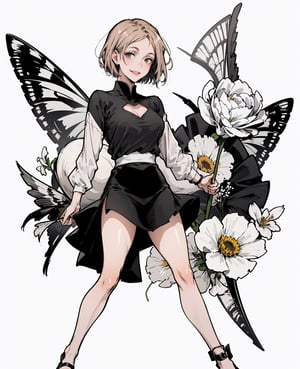 1 girl, 30 years old, model body,Tall, long legs, medium breasts, full body,black miniskirt, low neckline,smiling sensually, looking at you, very short hair, completely black and white image,line drawing, no color, simple details  
sticker dark arcadia buterfly, flowers, White background, clipart, high resolution, ,nobarajk