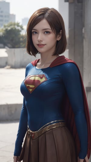 One super female,in superman outfit, full body,red mini skirt,pale_brown_eyes, glowing eyes, ((Brown hair, short hair)), supergirl suit,red miniskirt,Smiling sensually masterpiece, best quality, ultra detailed, (detailed background), perfect shading, high contrast, best illumination, extremely detailed, ray tracing, realistic lighting effects, neon noir illustration, perfect generated hands, ((upper-body_portrait)),  eyeliner, eye shadow:1.3, pale skin:1.4, cape, red cape & long. Background metropolis city, lightning in the distance,wearing supergirl_cosplay_outfit,a woman m111y, long pants, blue body suit, ,aanobara