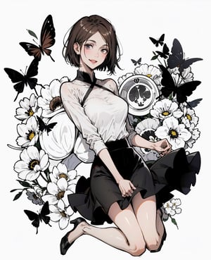 1 girl, 30 years old, model body,Tall, long legs, medium breasts, full body,black miniskirt, low neckline,smiling sensually, looking at you, very short hair, completely black and white image,line drawing, no color, simple details  
sticker dark arcadia buterfly, flowers, White background, clipart, high resolution, ,nobarajk