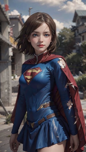 27 years hold, full body,One super female,in superman outfit, full body,red mini skirt,pale_brown_eyes, glowing eyes, ((Brown hair, short hair)), supergirl suit,red miniskirt,Smiling sensually masterpiece, best quality, ultra detailed, (detailed background), perfect shading, high contrast, best illumination, extremely detailed, ray tracing, realistic lighting effects, neon noir illustration, perfect generated hands, ((upper-body_portrait)),  eyeliner, eye shadow:1.3, pale skin:1.4, cape, red cape & long. Background metropolis city, lightning in the distance,wearing supergirl_cosplay_outfit,a woman m111y, long pants, blue body suit, ,aanobara,asian,Nobara, short hair