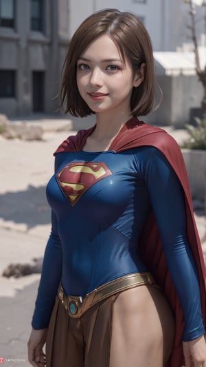 One super female,in superman outfit, pale_brown_eyes, glowing eyes, ((Brown hair, short hair)), supergirl suit,red miniskirt,Smiling sensually masterpiece, best quality, ultra detailed, (detailed background), perfect shading, high contrast, best illumination, extremely detailed, ray tracing, realistic lighting effects, neon noir illustration, perfect generated hands, ((upper-body_portrait)),  eyeliner, eye shadow:1.3, pale skin:1.4, cape, red cape & long. Background metropolis city, lightning in the distance,wearing supergirl_cosplay_outfit,a woman m111y, long pants, blue body suit, ,aanobara