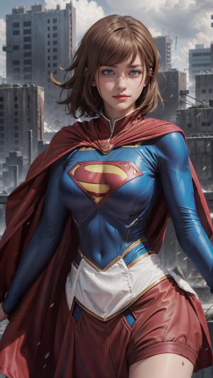 One super female,in superman outfit, full body,red mini skirt,pale_brown_eyes, glowing eyes, ((Brown hair, short hair)), supergirl suit,red miniskirt,Smiling sensually masterpiece, best quality, ultra detailed, (detailed background), perfect shading, high contrast, best illumination, extremely detailed, ray tracing, realistic lighting effects, neon noir illustration, perfect generated hands, ((upper-body_portrait)),  eyeliner, eye shadow:1.3, pale skin:1.4, cape, red cape & long. Background metropolis city, lightning in the distance,wearing supergirl_cosplay_outfit,a woman m111y, long pants, blue body suit, ,aanobara,asian,Nobara
