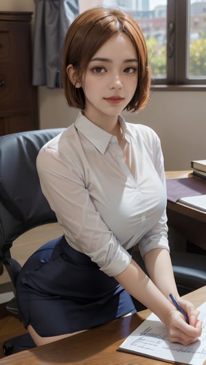 masterpiece, best quality, realistic, high_res, Real image of Fashion style, smiling sensually, short hair, brown hair, portrait of a lady photography,
1girl, (solo:1.5), hot, (signing the document:1.4), skirt, shirt, half mouth open, office lady, young, milf style, perfect female body, pantyhose, shot dress, office lady suits, (wearing glass:1.3), (medium breasts:1.3), detailed face, sharp focus, (selfie:1.3), simple background, blurred background, pefect detailed hands,nobarajk