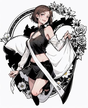 1 girl, 30 years old, model body, full body,black miniskirt, low neckline,smiling sensually, looking at you, very short hair, completely black and white image,line drawing, no color, simple details  
sticker dark arcadia buterfly, flowers, White background, clipart, high resolution, ,nobarajk