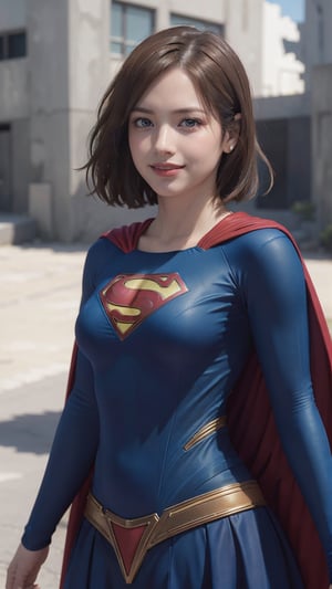 One super female,in superman outfit, pale_brown_eyes, glowing eyes, ((Brown hair, short hair)), supergirl suit,red miniskirt,Smiling sensually masterpiece, best quality, ultra detailed, (detailed background), perfect shading, high contrast, best illumination, extremely detailed, ray tracing, realistic lighting effects, neon noir illustration, perfect generated hands, ((upper-body_portrait)),  eyeliner, eye shadow:1.3, pale skin:1.4, cape, red cape & long. Background metropolis city, lightning in the distance,wearing supergirl_cosplay_outfit,a woman m111y, long pants, blue body suit, ,aanobara