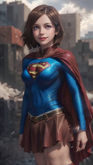 One super female,in superman outfit, full body,red mini skirt,pale_brown_eyes, glowing eyes, ((Brown hair, short hair)), supergirl suit,red miniskirt,Smiling sensually masterpiece, best quality, ultra detailed, (detailed background), perfect shading, high contrast, best illumination, extremely detailed, ray tracing, realistic lighting effects, neon noir illustration, perfect generated hands, ((upper-body_portrait)),  eyeliner, eye shadow:1.3, pale skin:1.4, cape, red cape & long. Background metropolis city, lightning in the distance,wearing supergirl_cosplay_outfit,a woman m111y, long pants, blue body suit, ,aanobara,asian