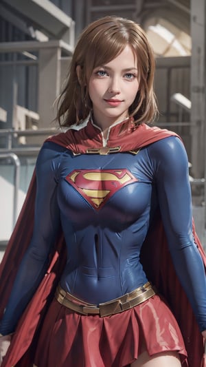 One super female,in superman outfit, full body,red mini skirt,pale_brown_eyes, glowing eyes, ((Brown hair, short hair)), supergirl suit,red miniskirt,Smiling sensually masterpiece, best quality, ultra detailed, (detailed background), perfect shading, high contrast, best illumination, extremely detailed, ray tracing, realistic lighting effects, neon noir illustration, perfect generated hands, ((upper-body_portrait)),  eyeliner, eye shadow:1.3, pale skin:1.4, cape, red cape & long. Background metropolis city, lightning in the distance,wearing supergirl_cosplay_outfit,a woman m111y, long pants, blue body suit, ,aanobara,nobara kugisaki