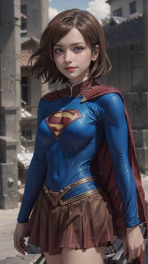 27 years hold, full body,One super female,in superman outfit, full body,red mini skirt,pale_brown_eyes, glowing eyes, ((Brown hair, short hair)), supergirl suit,red miniskirt,Smiling sensually masterpiece, best quality, ultra detailed, (detailed background), perfect shading, high contrast, best illumination, extremely detailed, ray tracing, realistic lighting effects, neon noir illustration, perfect generated hands, ((upper-body_portrait)),  eyeliner, eye shadow:1.3, pale skin:1.4, cape, red cape & long. Background metropolis city, lightning in the distance,wearing supergirl_cosplay_outfit,a woman m111y, long pants, blue body suit, ,aanobara,asian,Nobara, short hair