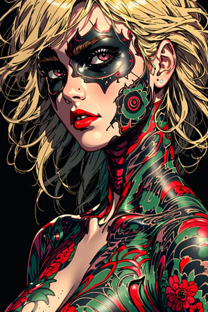 An image of a woman with a hyperrealistic style, showcasing an elaborate body tattoo design. The skin should be tattooed in segments of black, red, and green, with patterns that mimic Japanese tattoo style. The face features an asymmetrical mask-like effect, with one eye highlighted in  black, complemented by matching eyeshadow. The lips are a vibrant red, contrasting with the face paint. The figure's blonde hair is tousled, enhancing the fantastical element. The image should blend the precision of hyperrealism with the creativity of fantasy body art.