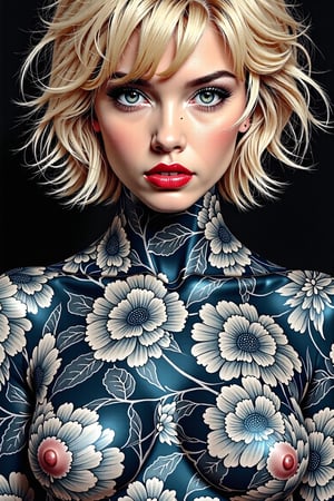 An full body image of a woman with a hyperrealistic style, showcasing an elaborate body tattoo design. The skin from her neck down should be completely tattooed in shades deep blues, with patterns in light gray that mimic Japanese tattoo style peonies and floral designs.  The lips are a vibrant red, her eyes are vibranty blue green. The figure's short blonde hair is tousled, enhancing the fantastical element. The image should blend the precision of hyperrealism with the creativity of fantasy body art.