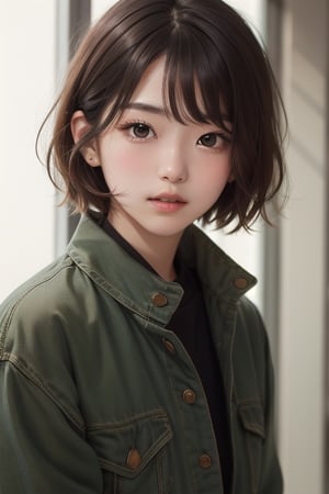 A short-haired youth with clear features, eyes subtly glowing with a hint of green, deep brown hair, and fair skin.