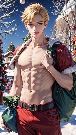 ((masterpiece)), ((best quality)), ((ultra-detailed)), realistic lighting, anime style, (cowboy shot:1.5), (holding Christmas sack, looking at viewer:2.0), (1boy, male focus, bishounen, solo:1.5), (pale skin:1.5), (skinny, abs, pectorals, collarbones, perfect hands:1.5), (Santa costume:1.5), (blonde hair, short hair, hair intakes:1.5), (blue eyes, tsurime:1.5), (black eyeliner, long eyelashes), (parted lips, seductive smile), (snow background, village, clear sky, trees, day:1.3), 1boy
