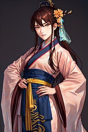 sanguozhi, 1girl, solo, hanfu, chinese clothes, mustache, looking at viewer, holding, brown hair, hand on hip, wide sleeves, long sleeves, sheath, 