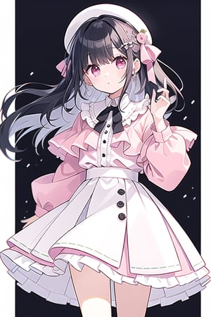 1girl, black-hair, medium hair, Pink blouse, white skirt with ruffles