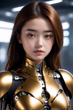 A super unreal girl with a body made of machines in the future world. The metal on her body is golden.