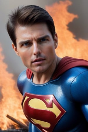 Tom Cruise's muscular body is dressed in a Superman suit. The camera zooms out and he is acting in a Superman movie. He is blowing cold air from his mouth to extinguish the fire at the fire scene. High degree of reality, face towards the fire, rosy skin, surrealism,