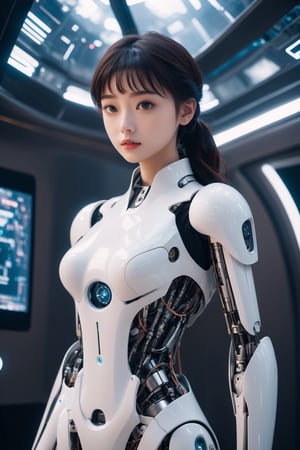 A super unreal girl with a body made of machines in the future world