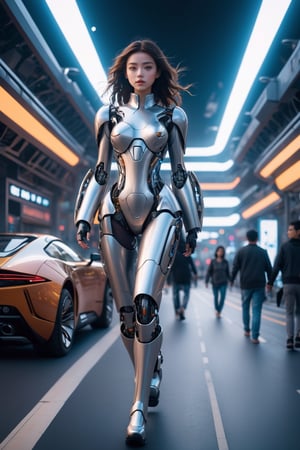 A super unreal girl with a body made of machines in the future world, walking on the road