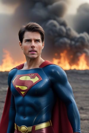 Tom Cruise's muscular body was dressed in a Superman costume while filming a movie. The camera zoomed out and he was blowing cold air from his mouth to extinguish the fire. Highly realistic, facing the fire, surreal,