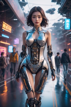 A super unreal girl with a body made of machines in the future world, walking on the road