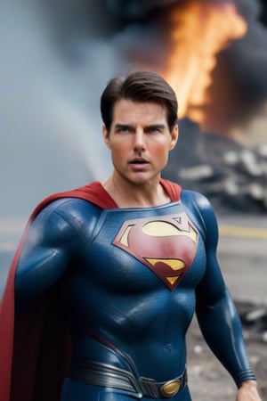 Tom Cruise's muscular body is dressed in a Superman costume for the movie. The camera zooms out to show Superman blowing cold air from his mouth to extinguish the fire at the fire scene. Highly realistic, facing the fire, surreal,