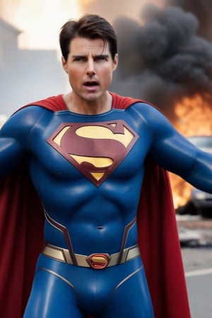 Tom Cruise's muscular body is dressed in a Superman suit for a movie, 8K, the camera zooms out to show Superman blowing cold air from his mouth to extinguish the fire at the fire scene. Highly realistic, facing the fire, surreal,