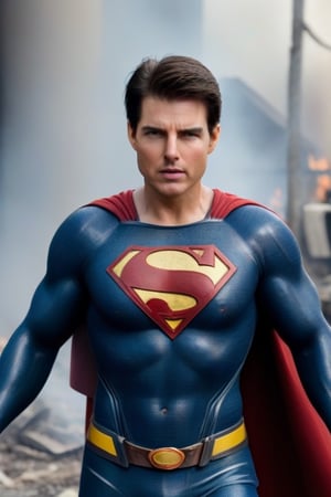 Tom Cruise's muscular body is dressed in a Superman costume for the movie. The camera zooms out to show Superman blowing cold air from his mouth to extinguish the fire at the fire scene. Highly realistic, facing the fire, surreal,