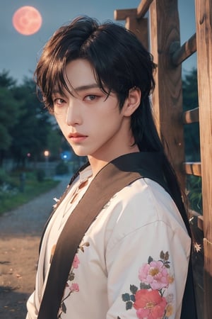 Handsome young man,samurai,traveler,bushido, (long_hair),hair tail,Samurai sword ,tattoo flower,little chest,forest, double eyelids,fighting stance, fallen leaves in the wind, best quality, long hair, ultra high res, (photorealistic:1.4) ,masterpiece, deep of field, linen clothes,red moon,night,dark,moonlight,faith beams,kpop