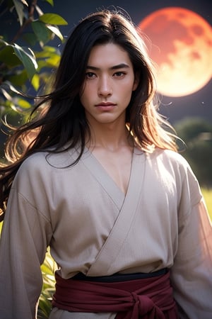 Handsome young man,samurai,traveler,bushido, (long_hair),hair tail,Samurai sword ,tattoo flower,little chest,forest, double eyelids,fighting stance, fallen leaves in the wind, best quality, long hair, ultra high res, (photorealistic:1.4) ,masterpiece, deep of field, flowers, flower_petals,scars, linen clothes,red moon,night,dark,moonlight,