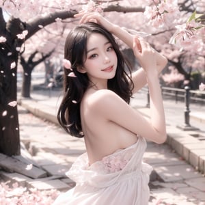 Real photo, a Japanese woman, wearing a white gauze skirt, topless and backless, raising her hands to catch the falling cherry blossoms under the cherry blossom tree, smiling and looking at the side camera, the pink cherry blossom petals are flying all over the picture, clear and bright, super High quality, exquisite details, delicate and clear facial features, clear body,
,1 girl,Double exposure, real person, color splash style photo,