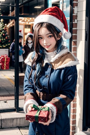 1office lady with long brown hair, 1high school girl with short blue hair, both wearing Christmas hats and festive outfits, on the sidewalk, distributing gifts, capturing the heartwarming scene of a brown-haired working woman and a blue-haired high school girl spreading holiday cheer by giving out presents.,wonder beauty 