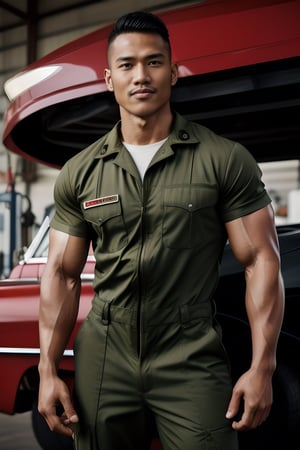 professional photo of Syanziro , In the style of (norman rockwell), 1950s gasstation, muscular mechanic , jumpsuit ,photorealistic,army hairstyles, dark skinned male,sweating_profusely, workout