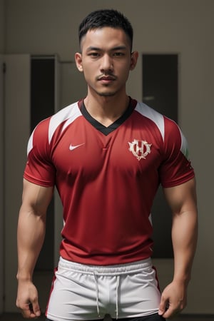 realistic,character, syahnk , handsome  male , wearing jersey as muscular football, sports outfit ,Male focus,photorealistic,Sexy Muscular,SYAHNK, ,Muscle,Asian man,