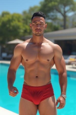 A photorealistic 8k ultra-detailed image of a Syahnk as handsome, muscular lifeguard standing confidently by the poolside. His athletic build and big pectorals are highlighted under natural sunlight, with detailed facial features and a confident expression. The vibrant, well-maintained pool area features clear blue water and a clean deck. His attire, including a swimsuit and accessories, is rendered with meticulous detail, creating a visually striking representation. Seeds: 1667390288.