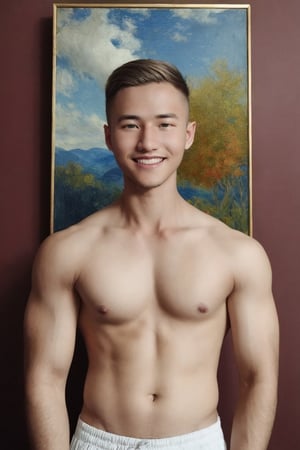 Oil portrait in the style of Leonardo Davinci, impressionism. Full body of Young sexy blonde Russian man, 25 yo, super muscular, sexy handsome man, smile, short hair haircut, brown eyes. Super detailed, high quality,SYAHNK,Male focus