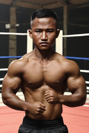 ultra realistic photography, anatomically correct, detailed eyes, detailed face, black eyes, male focus, alone, syahnk,very dark skin, dark skinned male, muscular, buzz cut, ((shirt)), smirking, fighting stance, clenched hands, park, upper body,buakaw